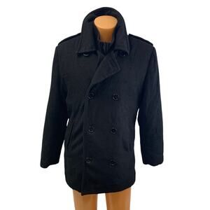 Haggar Mens Large Black Zip Button Collared Fully Lined Wool Blend Winter Coat